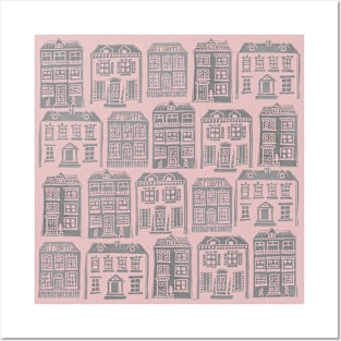 Home Sweet Home Linocut - Pink and Grey Posters and Art